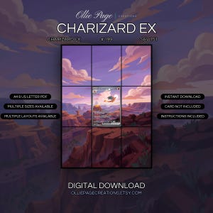 Charizard EX 199/165 extended art binder page in a Dramatic desert canyon landscape at sunset with purple and pink skies, golden volcanic peak, layered rock formations, and glowing clouds., printable 9-pocket TCG display insert by Ollie Page Creations