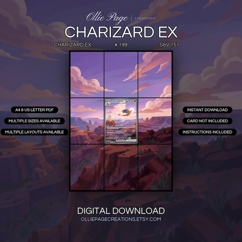 Charizard EX 199/165 extended art binder page in a Dramatic desert canyon landscape at sunset with purple and pink skies, golden volcanic peak, layered rock formations, and glowing clouds., printable 9-pocket TCG display insert by Ollie Page Creations