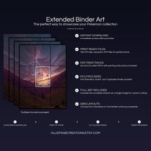 Product feature overview for Mesprit extended binder art — 300 DPI print-ready files, multiple sizes and grid layouts, instant digital download