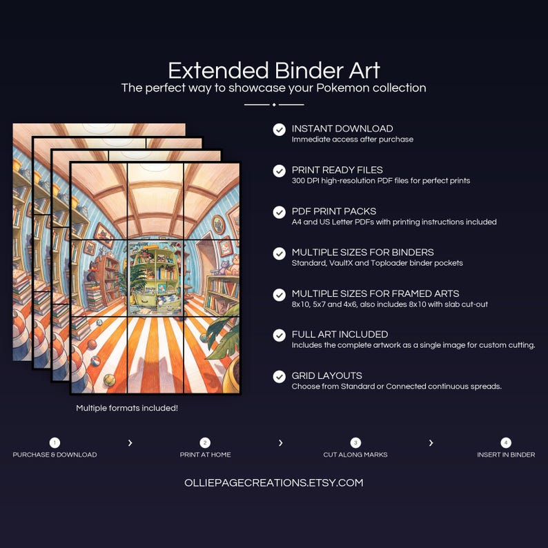 Collector bundle feature overview for Litten extended binder art — binder page grids plus 8x10, 5x7, 4x6 and PSA-style framed prints, 300 DPI instant digital download