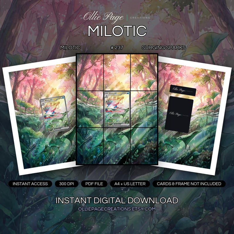 Milotic 237/191 collector bundle — extended binder page plus 8x10 full-art and PSA framed prints in a Ethereal forest scene with vibrant pink and golden light filtering through trees