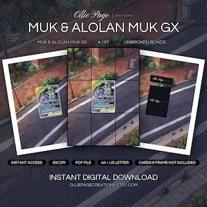 Muk & Alolan Muk GX 197/214 collector bundle — extended binder page plus 8x10 full-art and PSA framed prints in a Vibrant urban street scene featuring red brick sidewalk