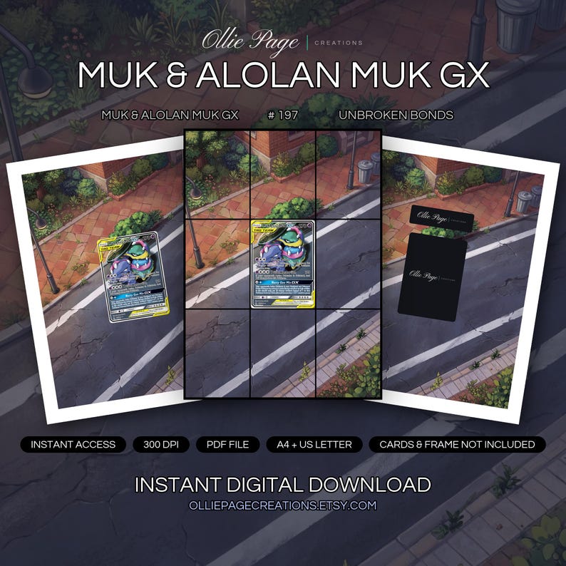 Muk & Alolan Muk GX 197/214 collector bundle — extended binder page plus 8x10 full-art and PSA framed prints in a Vibrant urban street scene featuring red brick sidewalk