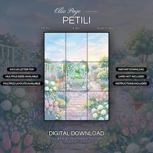 Petili 091/086 extended art binder page in a Vibrant spring garden pathway with blooming pink tulips, white flowers, lavender, and lush greenery under soft golden sunlight and blue sky., printable 9-pocket TCG display insert by Ollie Page Creations