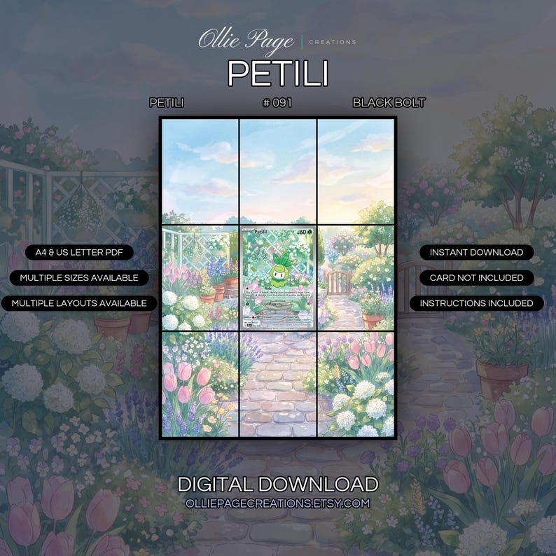 Petili 091/086 extended art binder page in a Vibrant spring garden pathway with blooming pink tulips, white flowers, lavender, and lush greenery under soft golden sunlight and blue sky., printable 9-pocket TCG display insert by Ollie Page Creations