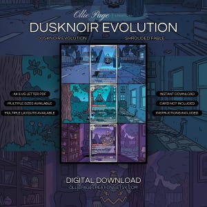 Dusknoir Evolution 068 + 069 + 070 extended art binder page in a Atmospheric multi-panel illustration featuring nighttime suburban street, twilight forest clearing, and cozy purple-toned interior room with contrasting blue and teal color palettes., printable 9-pocket TCG display insert by Ollie Page Creations
