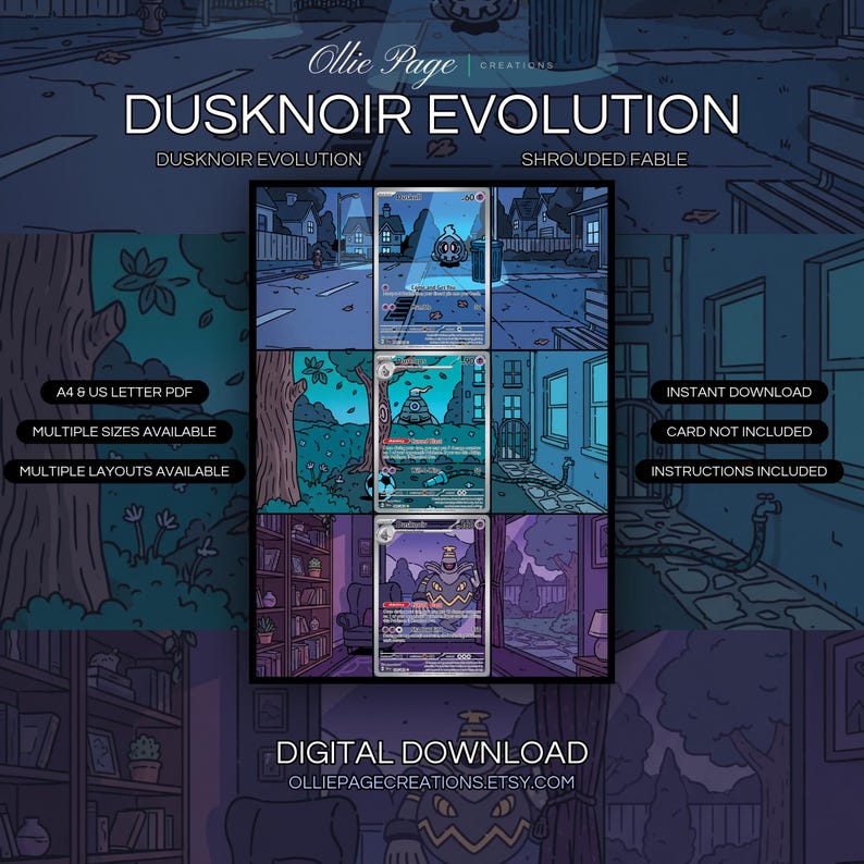 Dusknoir Evolution 068 + 069 + 070 extended art binder page in a Atmospheric multi-panel illustration featuring nighttime suburban street, twilight forest clearing, and cozy purple-toned interior room with contrasting blue and teal color palettes., printable 9-pocket TCG display insert by Ollie Page Creations