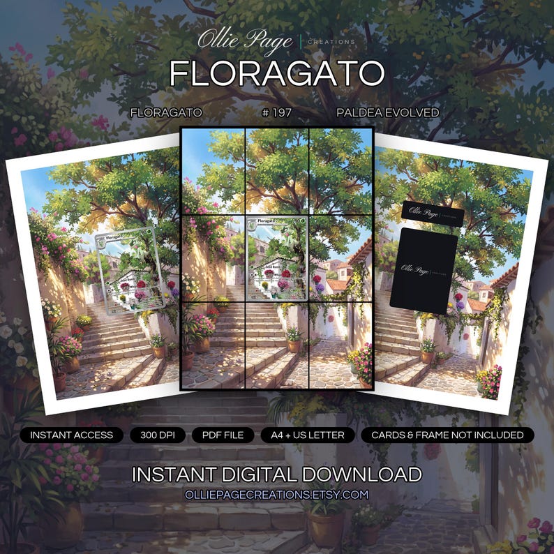 Floragato 197/193 collector bundle — extended binder page plus 8x10 full-art and PSA framed prints in a Sunlit Mediterranean courtyard featuring white stone steps, vibrant flowering vines, lush green trees, terracotta potals, and warm golden light ca