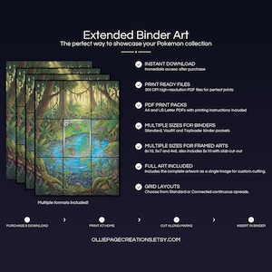 Collector bundle feature overview for Ivysaur extended binder art — binder page grids plus 8x10, 5x7, 4x6 and PSA-style framed prints, 300 DPI instant digital download