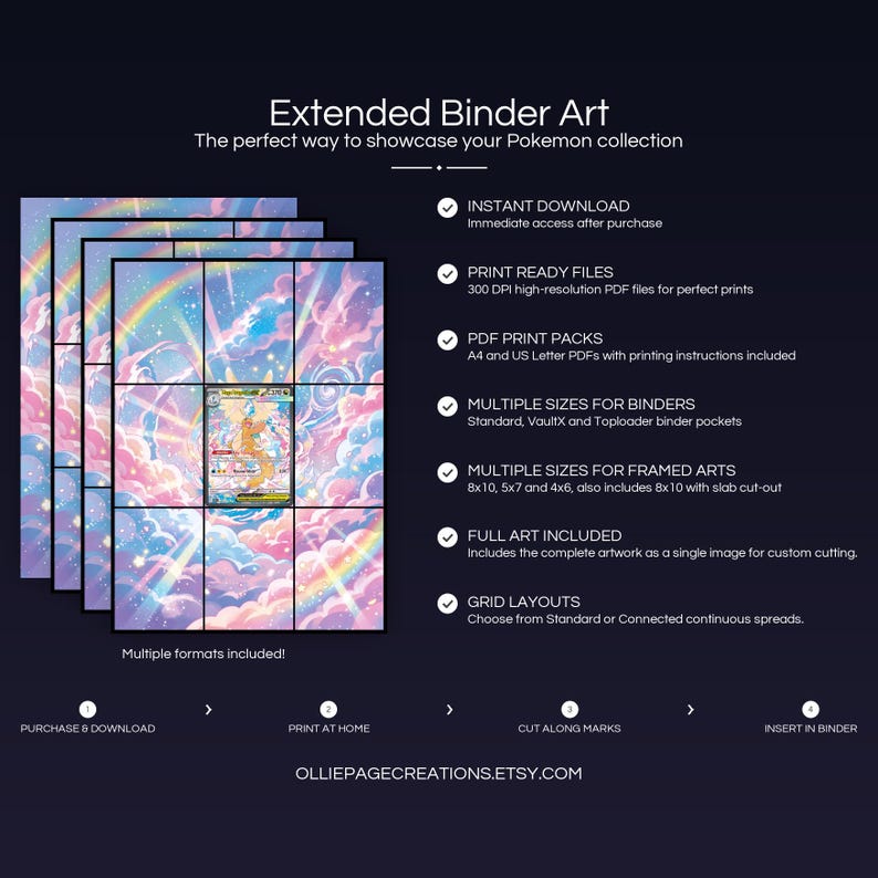 Collector bundle feature overview for Mega Dragonite EX extended binder art — binder page grids plus 8x10, 5x7, 4x6 and PSA-style framed prints, 300 DPI instant digital download