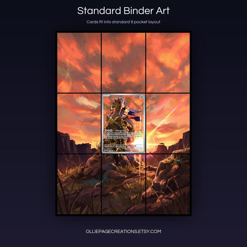 Zamazenta 201/182 extended art 3x3 grid layout, full 9-pocket binder page display printable, Destined Rivals collector insert