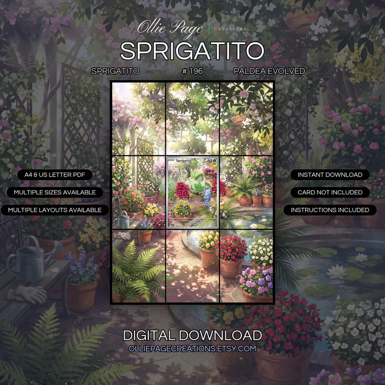 Sprigatito 196/193 extended art binder page in a Vibrant sunlit greenhouse garden featuring blooming flowers in terracotta pots