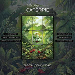 Caterpie 172/165 extended art binder page in a Lush tropical jungle canopy with vibrant green leaves, dappled sunlight filtering through dense foliage, red flowering plants below, misty atmospheric background., printable 9-pocket TCG display insert by Ollie Page Creations