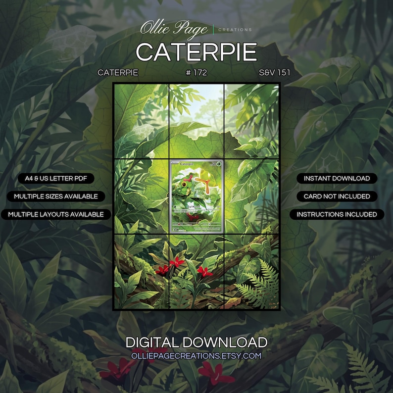Caterpie 172/165 extended art binder page in a Lush tropical jungle canopy with vibrant green leaves, dappled sunlight filtering through dense foliage, red flowering plants below, misty atmospheric background., printable 9-pocket TCG display insert by Ollie Page Creations
