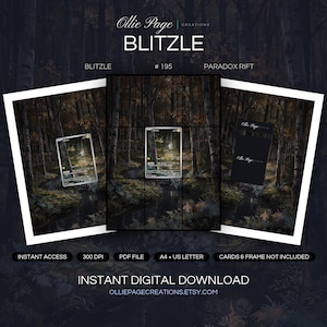 Blitzle 195/182 collector bundle — extended binder page plus 8x10 full-art and PSA framed prints in a Moody birch forest at dusk with dark water stream, golden autumn foliage, misty atmosphere, and dramatic woodland landscape lighting., printable digital download by Ollie Page Creations