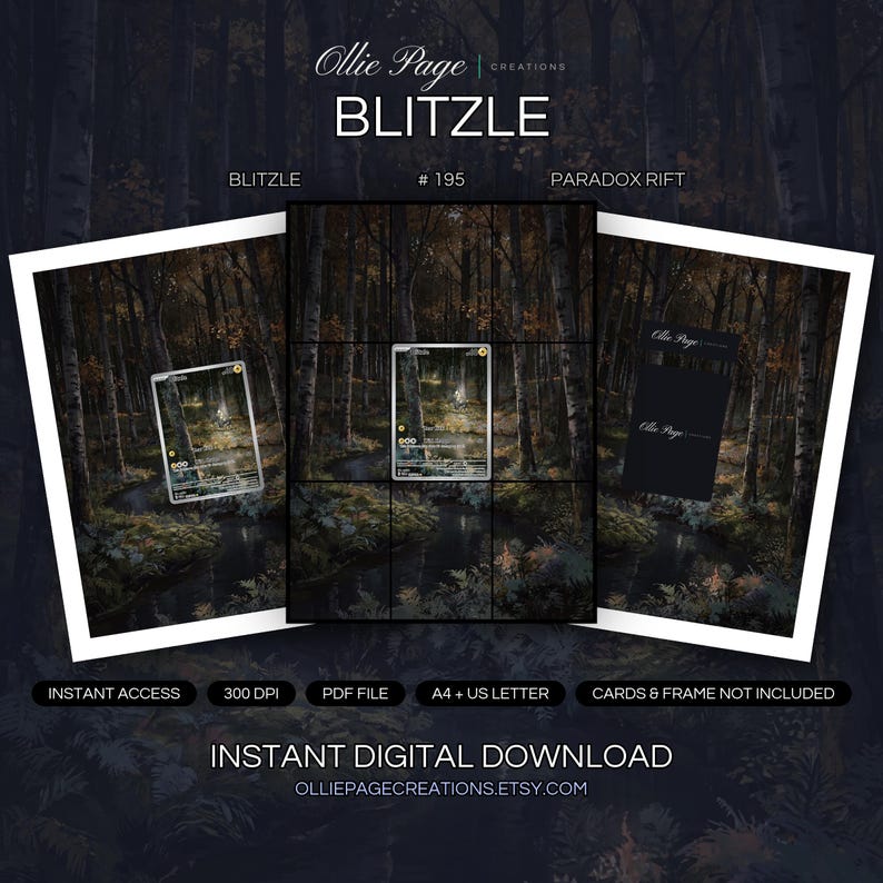 Blitzle 195/182 collector bundle — extended binder page plus 8x10 full-art and PSA framed prints in a Moody birch forest at dusk with dark water stream, golden autumn foliage, misty atmosphere, and dramatic woodland landscape lighting., printable digital download by Ollie Page Creations