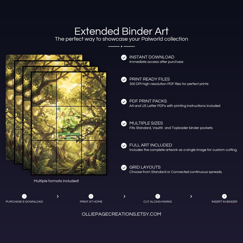 Product feature overview for Petalia extended binder art — 300 DPI print-ready files, multiple sizes and grid layouts, instant digital download