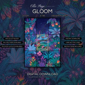 Gloom 198/197 extended art binder page in a Vibrant bioluminescent fantasy forest with neon pink flowers, glowing mushrooms, and starlit night sky creating magical ethereal atmosphere., printable 9-pocket TCG display insert by Ollie Page Creations