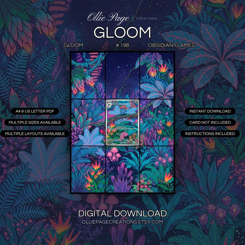 Gloom 198/197 extended art binder page in a Vibrant bioluminescent fantasy forest with neon pink flowers, glowing mushrooms, and starlit night sky creating magical ethereal atmosphere., printable 9-pocket TCG display insert by Ollie Page Creations