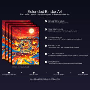 Product feature overview for Mega Emboar EX extended binder art — 300 DPI print-ready files, multiple sizes and grid layouts, instant digital download