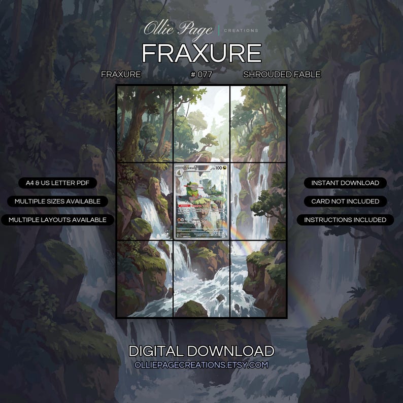 Fraxure 077/064 extended art binder page in a Lush forest waterfall landscape with cascading white water