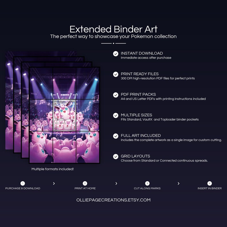 Product feature overview for Wigglytuff extended binder art — 300 DPI print-ready files, multiple sizes and grid layouts, instant digital download