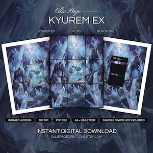 Kyurem EX 165/086 collector bundle — extended binder page plus 8x10 full-art and PSA framed prints in a Dramatic crystalline ice cavern with towering blue and purple ice formations