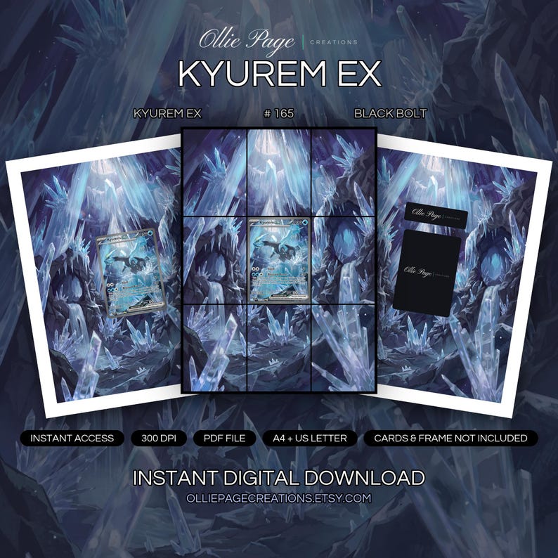 Kyurem EX 165/086 collector bundle — extended binder page plus 8x10 full-art and PSA framed prints in a Dramatic crystalline ice cavern with towering blue and purple ice formations