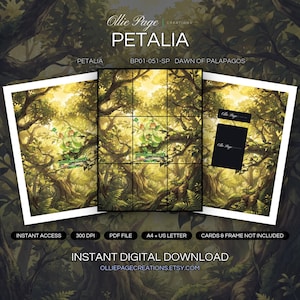 Petalia BP01-051-SP collector bundle — extended binder page plus 8x10 full-art and PSA framed prints in a Sunlit forest canopy with warm golden light filtering through layered green foliage, moss-covered tree trunks, and lush understory vegetation creating an enchanted woodland atmosphere., printable digital download by Ollie Page Creations