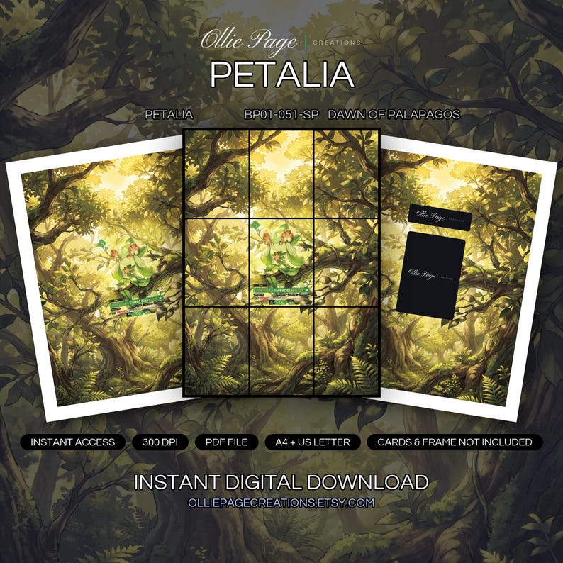 Petalia BP01-051-SP collector bundle — extended binder page plus 8x10 full-art and PSA framed prints in a Sunlit forest canopy with warm golden light filtering through layered green foliage, moss-covered tree trunks, and lush understory vegetation creating an enchanted woodland atmosphere., printable digital download by Ollie Page Creations