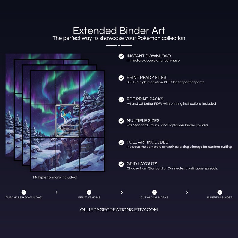 Product feature overview for Cobalion extended binder art — 300 DPI print-ready files, multiple sizes and grid layouts, instant digital download