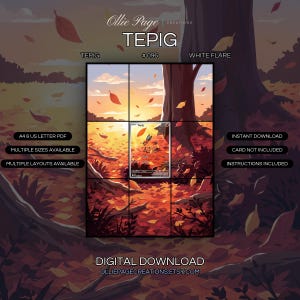 Tepig 096/086 extended art binder page in a Vibrant autumn forest scene with golden sunset lighting, falling leaves in warm orange and red tones, dramatic tree trunk, and ethereal sky with soft clouds., printable 9-pocket TCG display insert by Ollie