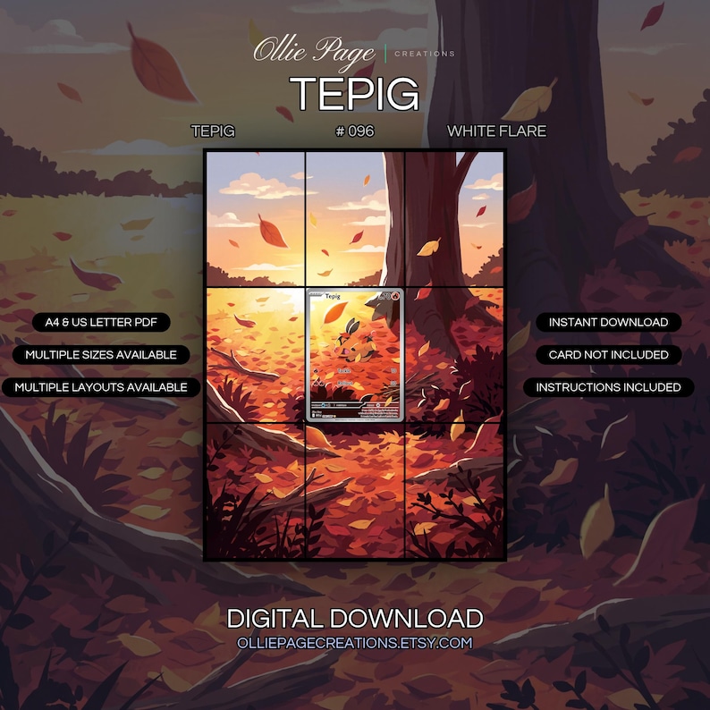 Tepig 096/086 extended art binder page in a Vibrant autumn forest scene with golden sunset lighting, falling leaves in warm orange and red tones, dramatic tree trunk, and ethereal sky with soft clouds., printable 9-pocket TCG display insert by Ollie