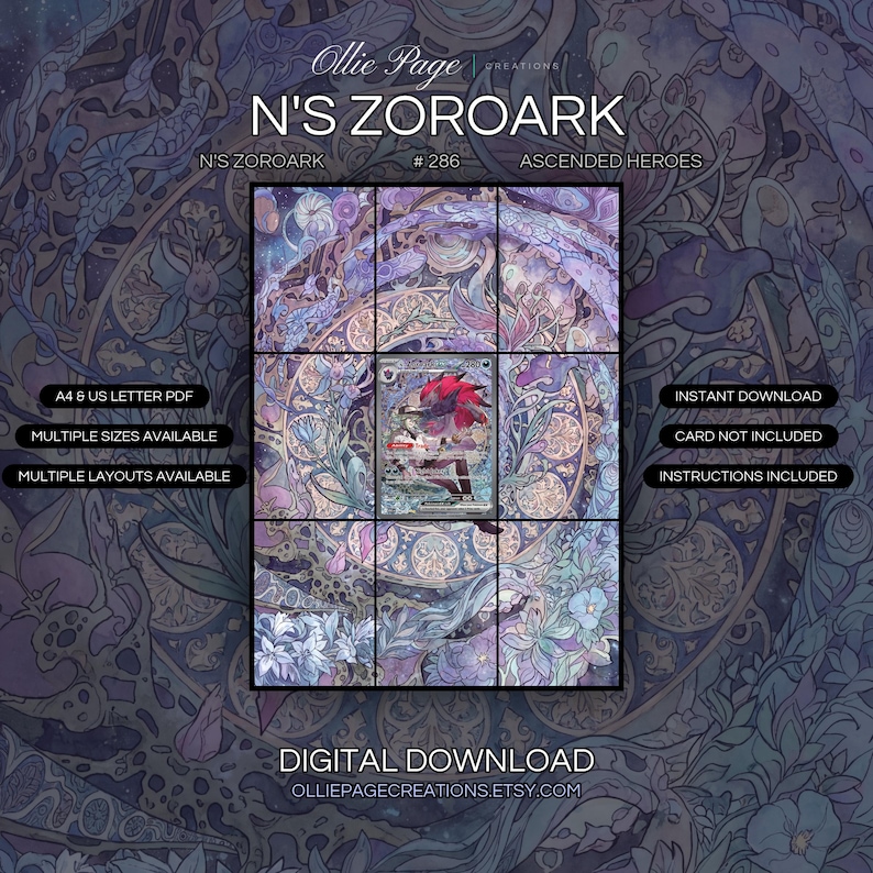 N's Zoroark 286/217 extended art binder page in a Ethereal purple and lavender ornamental garden with intricate floral patterns