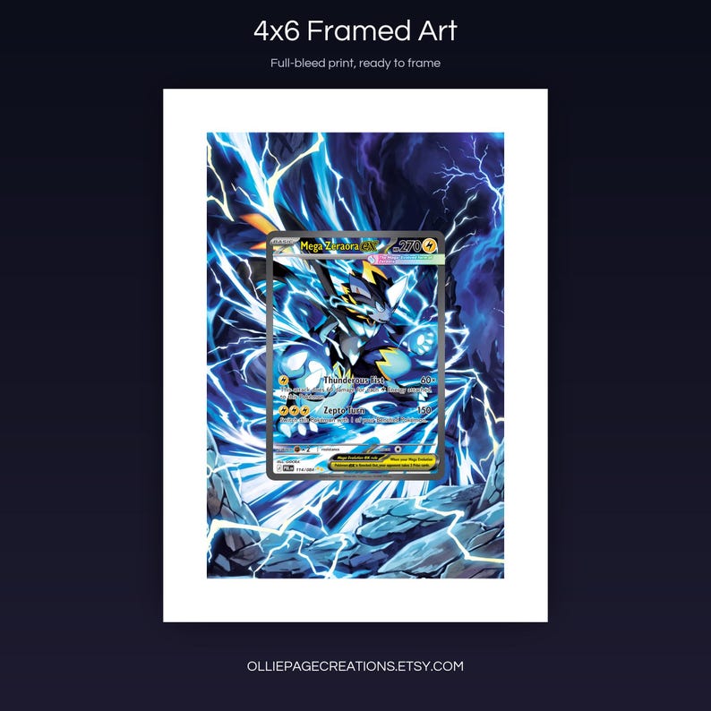 Mega Zeraora EX 114/084 4x6 full-bleed framed art print, ready to frame, Pitch Black