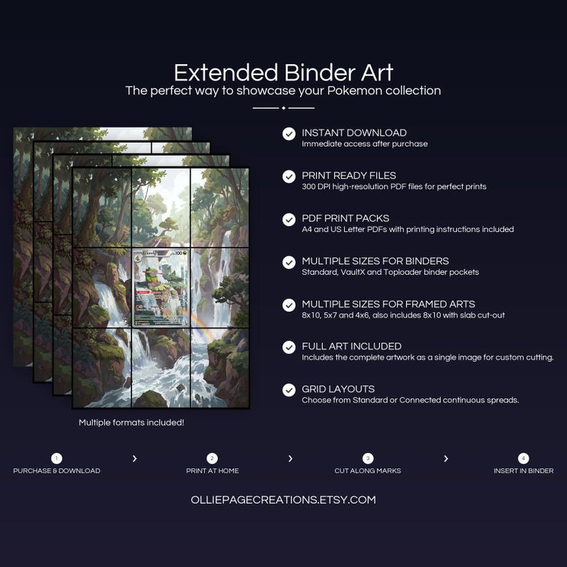 Collector bundle feature overview for Fraxure extended binder art — binder page grids plus 8x10, 5x7, 4x6 and PSA-style framed prints, 300 DPI instant digital download