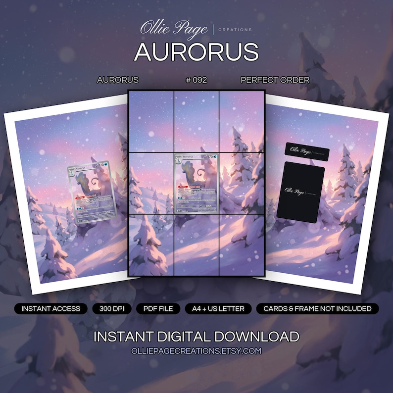 Aurorus 092/088 collector bundle — extended binder page plus 8x10 full-art and PSA framed prints in a Magical winter landscape with snow-covered evergreen trees