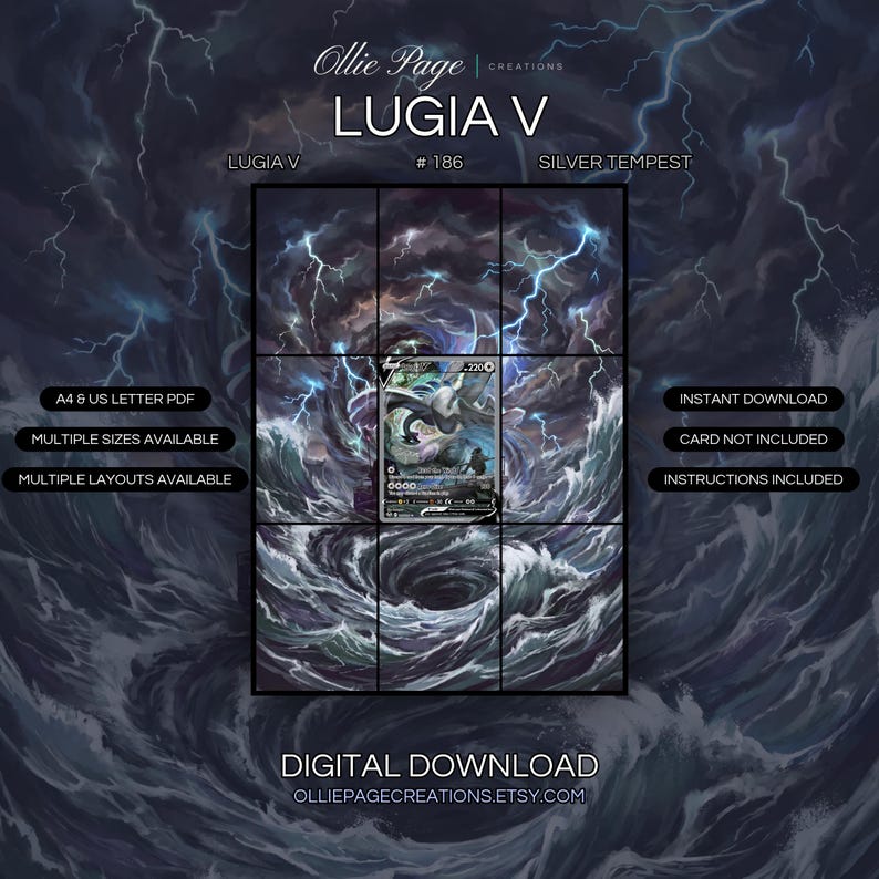 Lugia V 186/195 extended art binder page in a Dramatic storm-tossed seascape with swirling waves