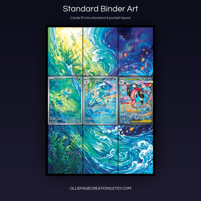 Mega Greninja Evolution 88 + 89 + 116 extended art 3x3 grid layout, full 9-pocket binder page display printable, Chaos Rising collector insert