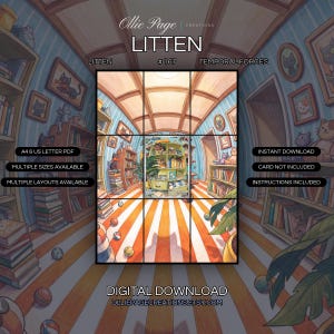 Litten 167/162 extended art binder page in a Vibrant cylindrical library interior with striped orange-white flooring, blue-striped walls, wooden shelves, and warm natural light from ceiling opening., printable 9-pocket TCG display insert by Ollie Page Creations