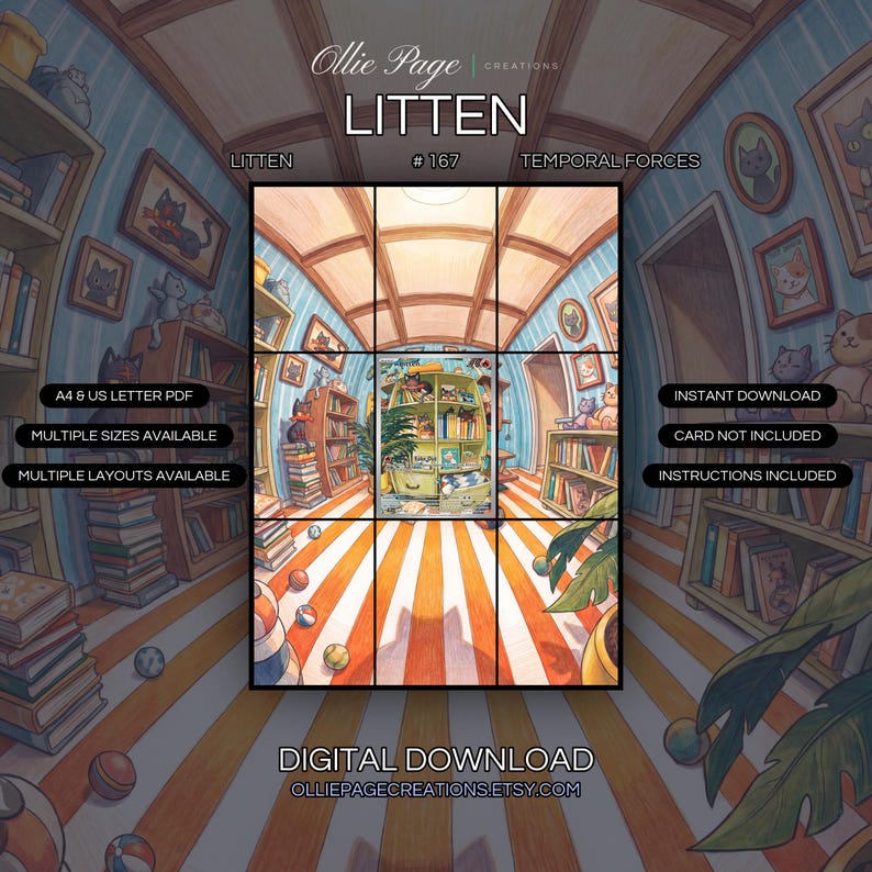 Litten 167/162 extended art binder page in a Vibrant cylindrical library interior with striped orange-white flooring, blue-striped walls, wooden shelves, and warm natural light from ceiling opening., printable 9-pocket TCG display insert by Ollie Page Creations