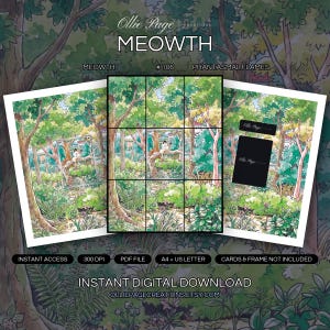 Meowth 106/094 collector bundle — extended binder page plus 8x10 full-art and PSA framed prints in a Lush forest scene with towering trees, dappled sunlight filtering through green canopy, vibrant botanical landscape with flowering plants and traditi