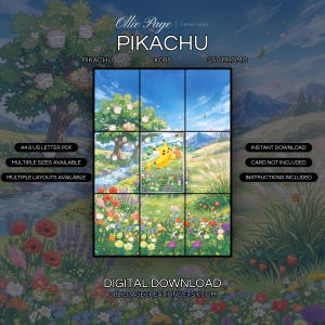 Pikachu 088 extended art binder page in a Vibrant meadow landscape with colorful wildflowers, flowing stream, ancient tree, mountains, blue sky, and bright sunny atmosphere in idyllic pastoral setting., printable 9-pocket TCG display insert by Ollie Page Creations