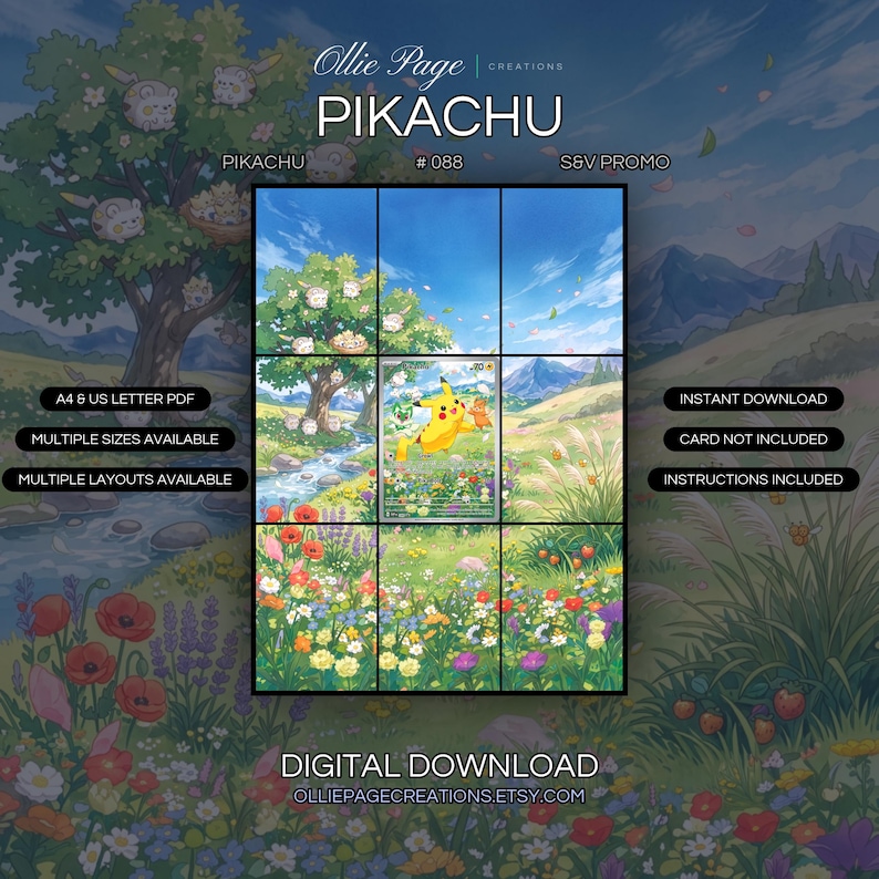 Pikachu 088 extended art binder page in a Vibrant meadow landscape with colorful wildflowers, flowing stream, ancient tree, mountains, blue sky, and bright sunny atmosphere in idyllic pastoral setting., printable 9-pocket TCG display insert by Ollie Page Creations