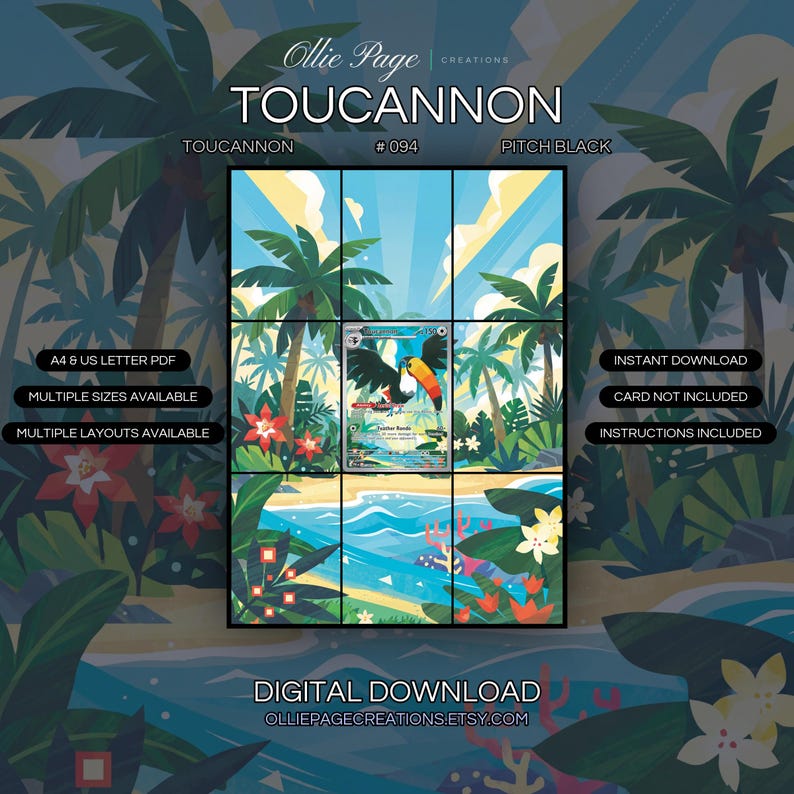 Toucannon 094/084 extended art binder page in a Vibrant tropical beach landscape with towering palm trees