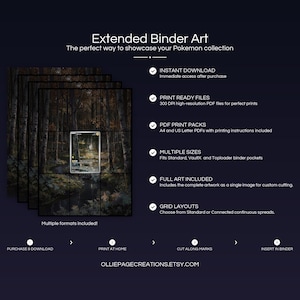Product feature overview for Blitzle extended binder art — 300 DPI print-ready files, multiple sizes and grid layouts, instant digital download