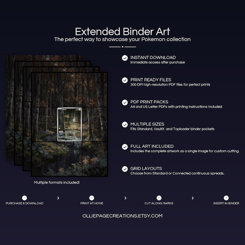 Product feature overview for Blitzle extended binder art — 300 DPI print-ready files, multiple sizes and grid layouts, instant digital download