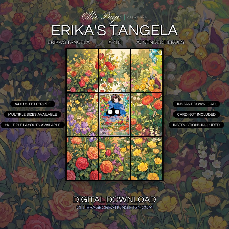 Erika's Tangela 218/217 extended art binder page in a Vibrant garden scene bursting with multicolored roses