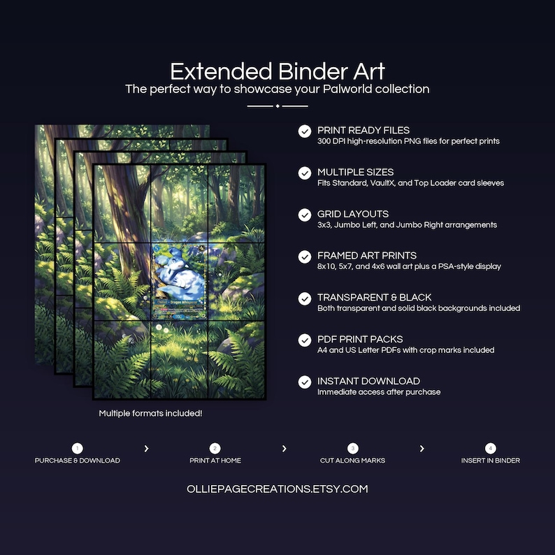 Collector bundle feature overview for Chillet extended binder art — binder page grids plus 8x10, 5x7, 4x6 and PSA-style framed prints, 300 DPI instant digital download