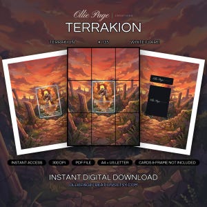 Terrakion 135/086 collector bundle — extended binder page plus 8x10 full-art and PSA framed prints in a Dramatic post-apocalyptic ruins landscape with vibrant orange sunset sky, glowing lava pools, ancient stone columns, and overgrown vegetation beneath epic golden clouds., printable digital download by Ollie Page Creations
